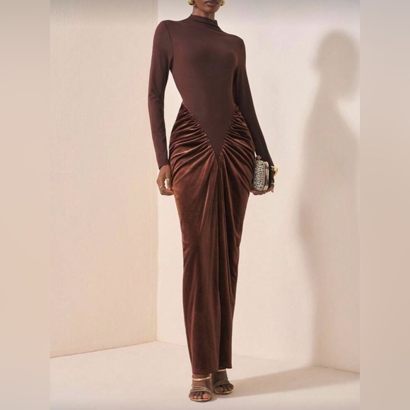 Boutique Dresses & Skirts - Brown Long Sleeve Ruched Velvet Maxi Dress Elegant Evening Gown Bodycon Chic